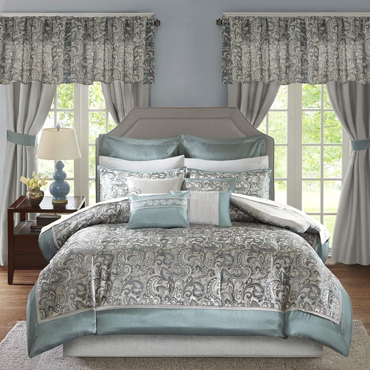 Master Bedroom 24 Piece Room in a Bag Faux Silk Comforter Jacquard Paisley Design Matching Curtains - Anna's Linens