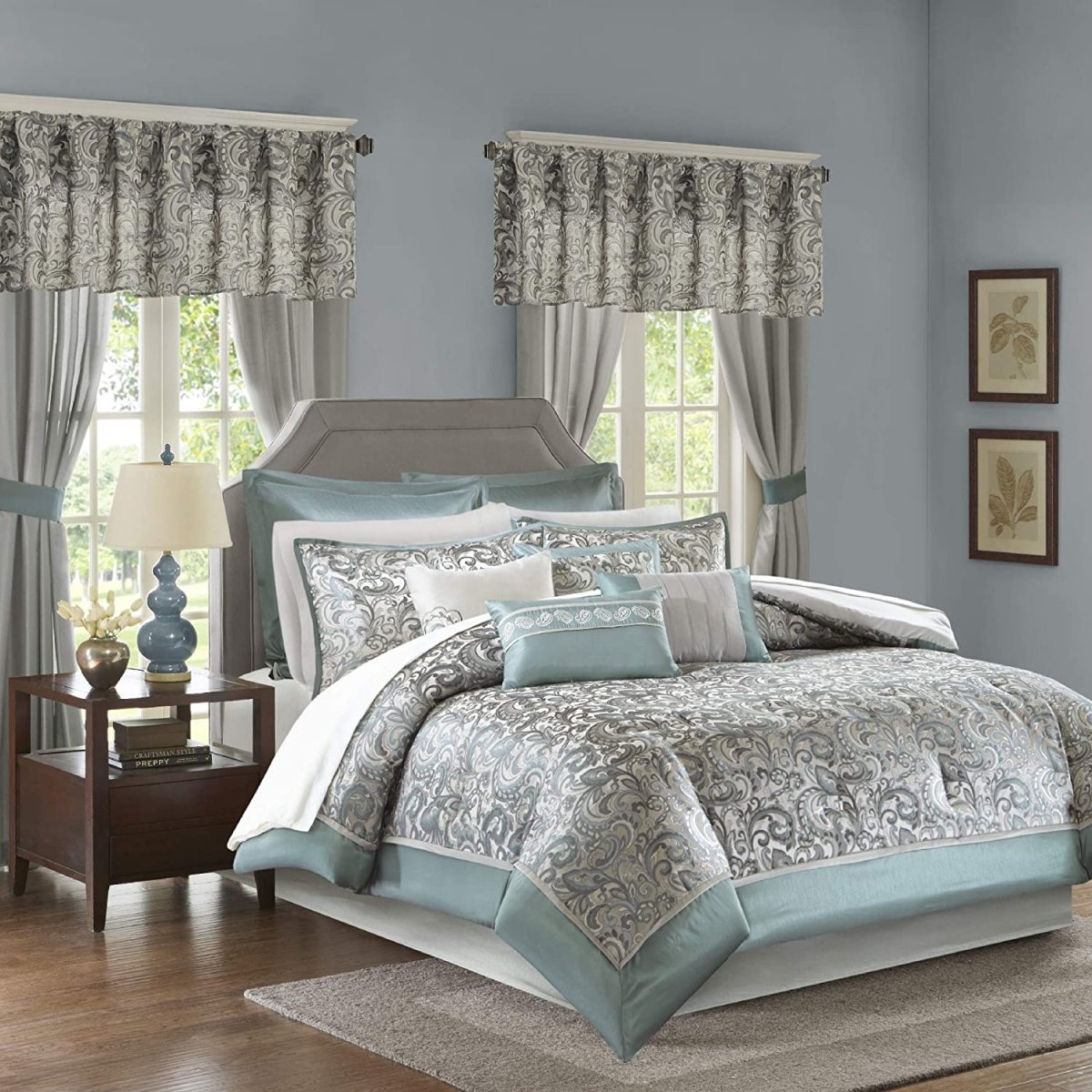 Master Bedroom 24 Piece Room in a Bag Faux Silk Comforter Jacquard Paisley Design Matching Curtain - Anna's Linens