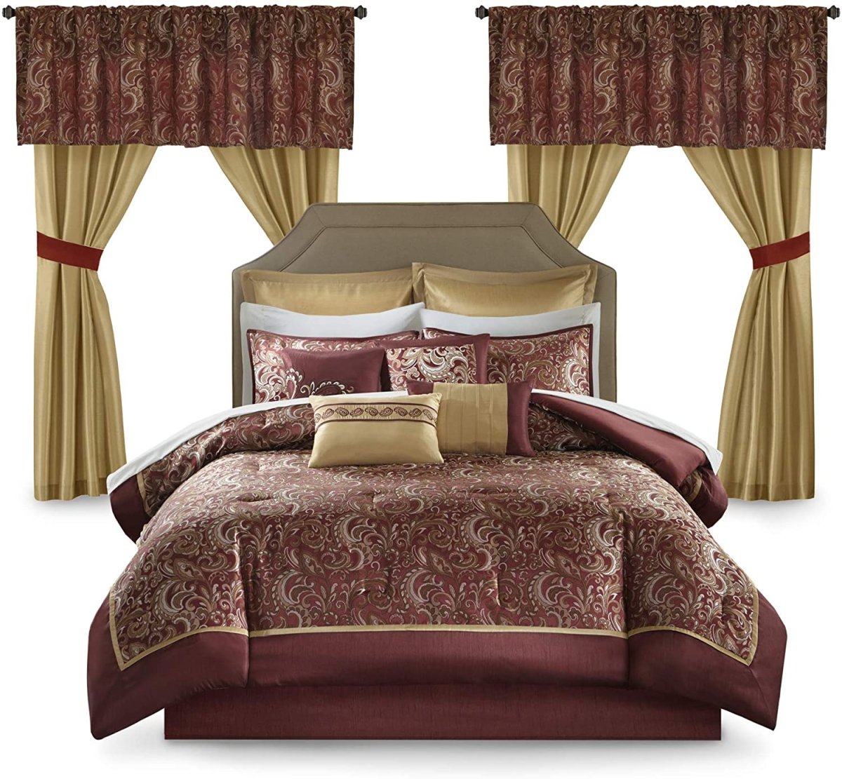 Master Bedroom 24 Piece Room in a Bag Faux Silk Comforter Jacquard Paisley Design Matching Curtains - Anna's Linens