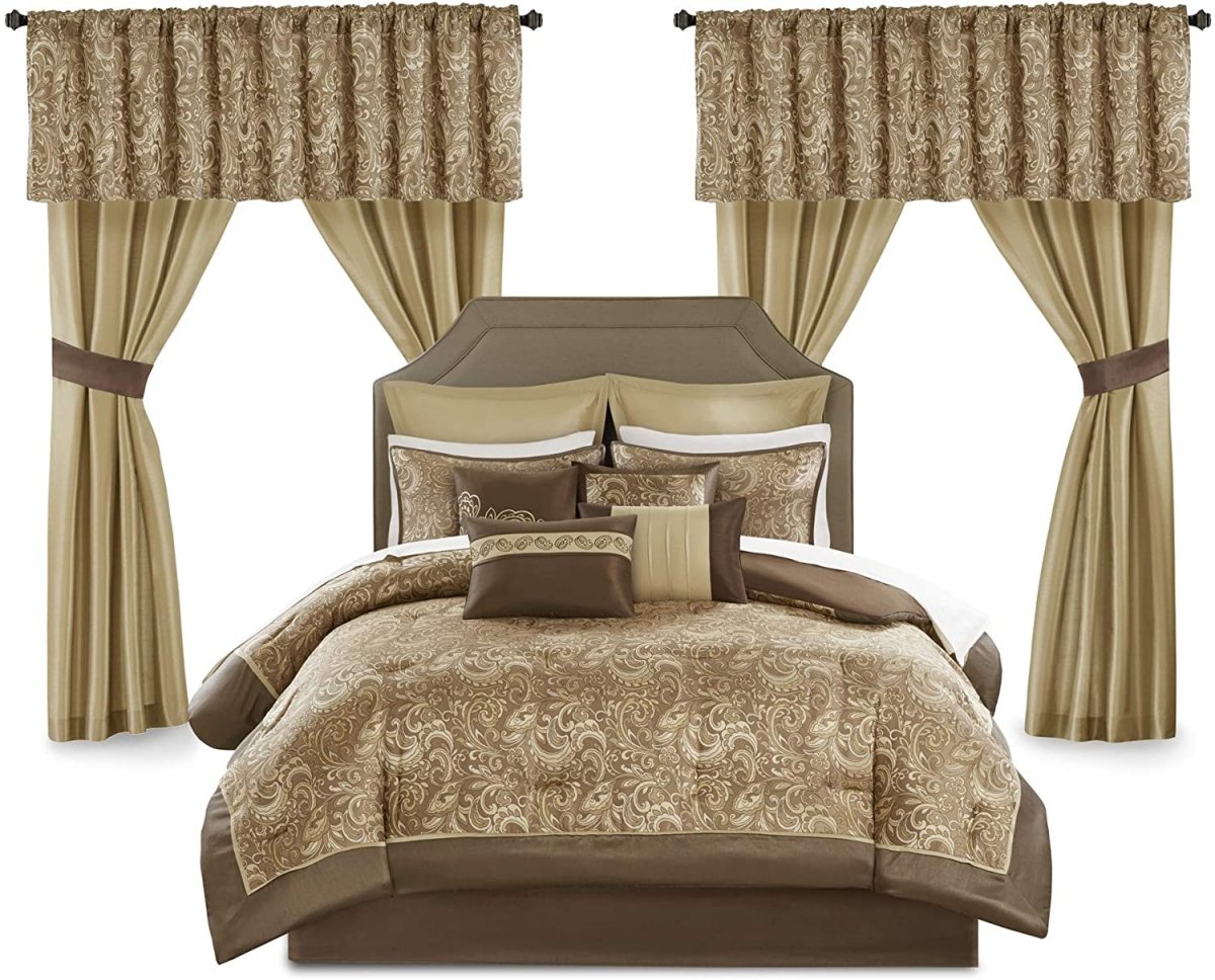 Master Bedroom 24 Piece Room in a Bag Faux Silk Comforter Jacquard Paisley Design Matching Curtain - Anna's Linens