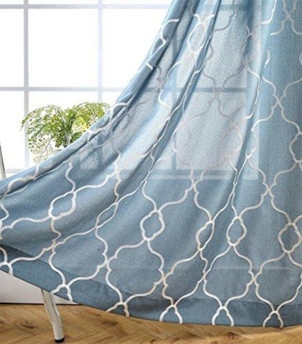 Moroccan Embroidered Semi Sheer Curtains Linen Grommet Curtain Set 52 x 95 In - Anna's Linens