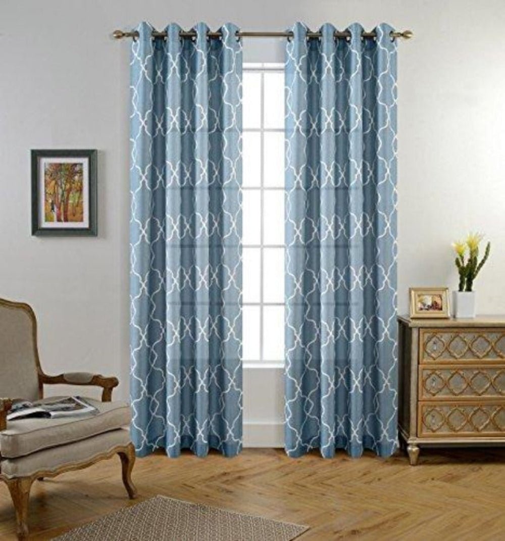 Moroccan Embroidered Semi Sheer Curtains Linen Grommet Curtain Set 52 x 95 In - Anna's Linens
