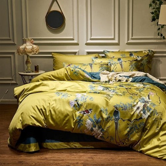 Silk Egyptian Cotton Birds Plant Duvet Cover Bedding Set Fitted sheet style - Anna's Linens