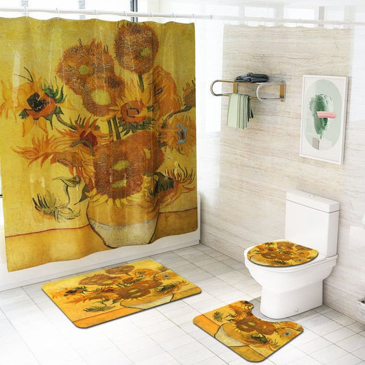 Waterproof Sunflowers Printing Shower Curtain Toilet Cover Bath Mat Non Slip Rug Set - Anna's Linens